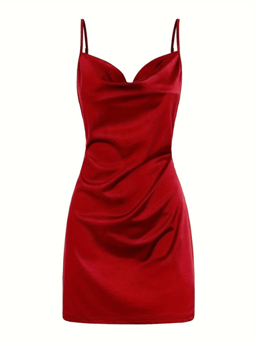 Red satin mini dress with thin straps on a white background